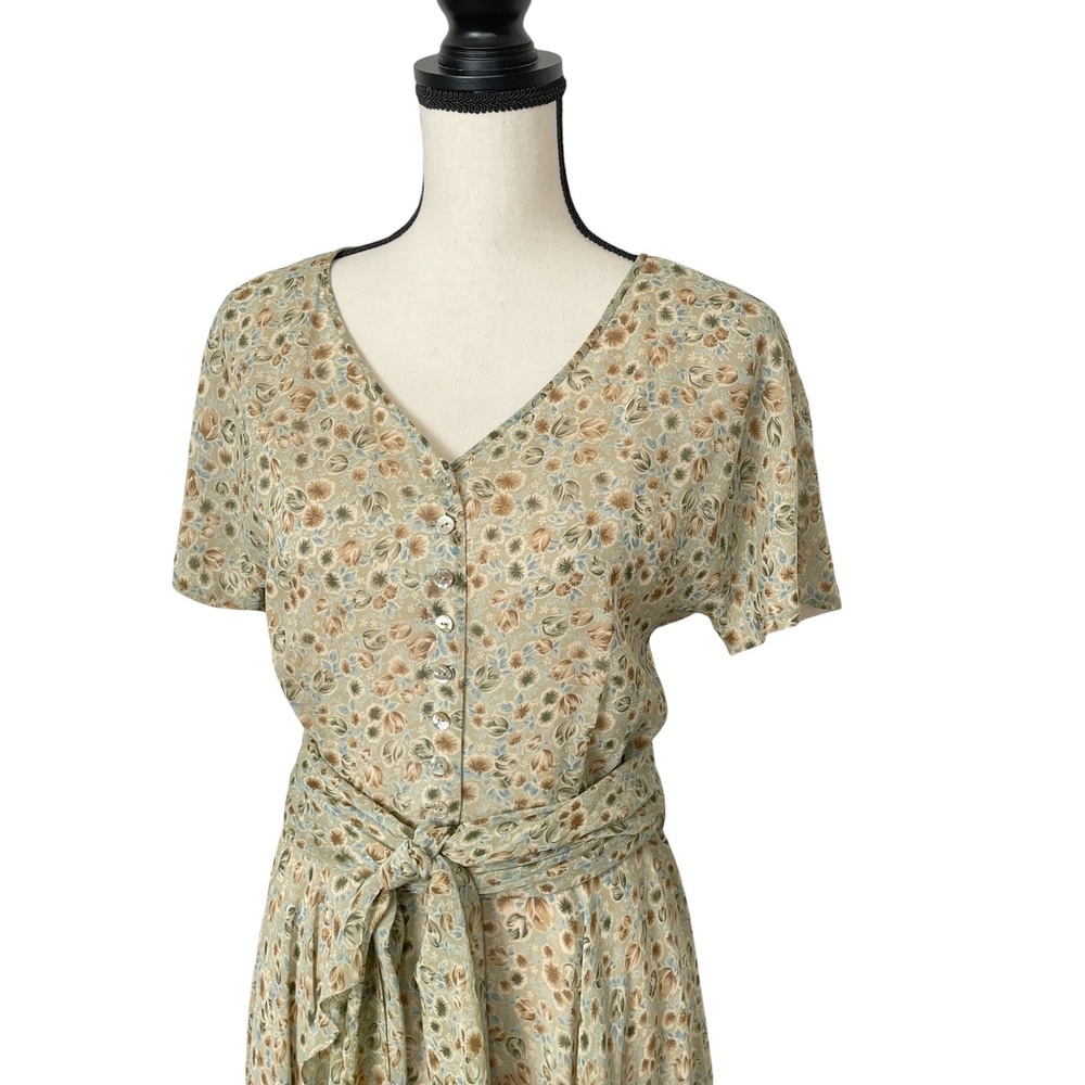 Vintage Dana Buchman 100% Silk Ditsy Floral Tie Waist Dress 8 Cottagecore Earthy - Picture 2 of 9